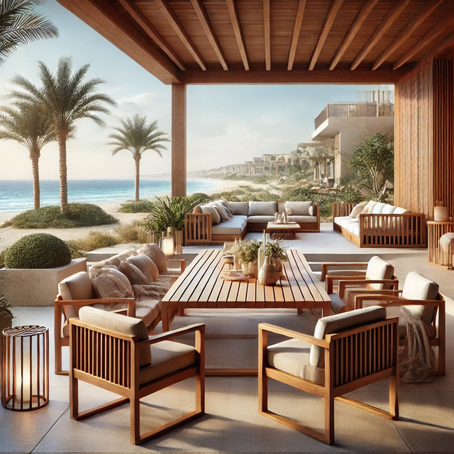 Luxury outdoor patio in Alamein, Egypt's North Coast, with wooden furniture, Mediterranean Sea views, greenery, and a calm, elegant atmosphere.