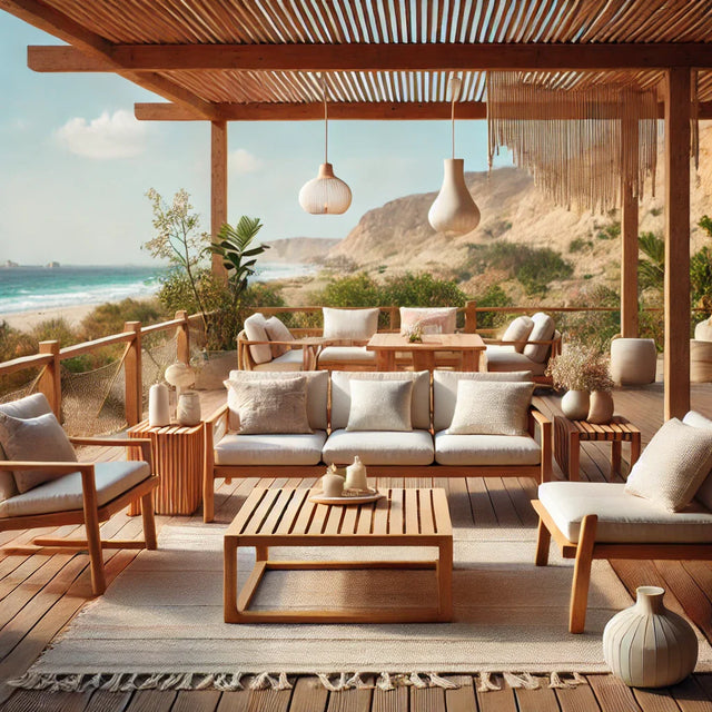 Outdoor furniture in Alamein, Egypt featuring wooden sets from Restoration, Wadi, and Dahab