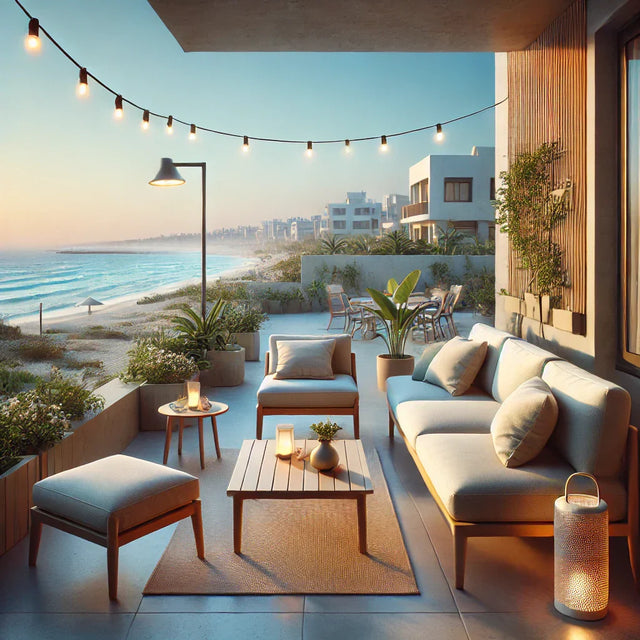 Modern Alamein-inspired patio with sleek furniture, cushions, plants, string lights, and coastal view